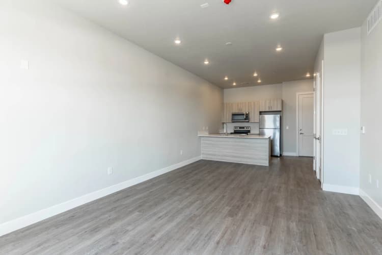 Kenosha apartments for rent - image - Modern open-concept living space featuring sleek kitchen with stainless steel appliances and stylish wood flooring.