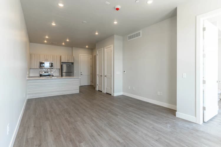 Kenosha apartments for rent - image - Modern open-concept kitchen with sleek appliances, inviting light fixtures, and chic wood flooring.