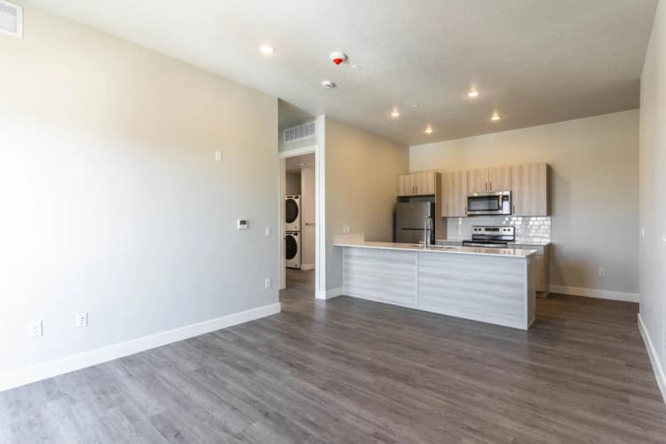 Kenosha apartments for rent - image - Modern open-concept kitchen and living area with sleek cabinetry and hardwood floors, perfect for stylish apartment living.
